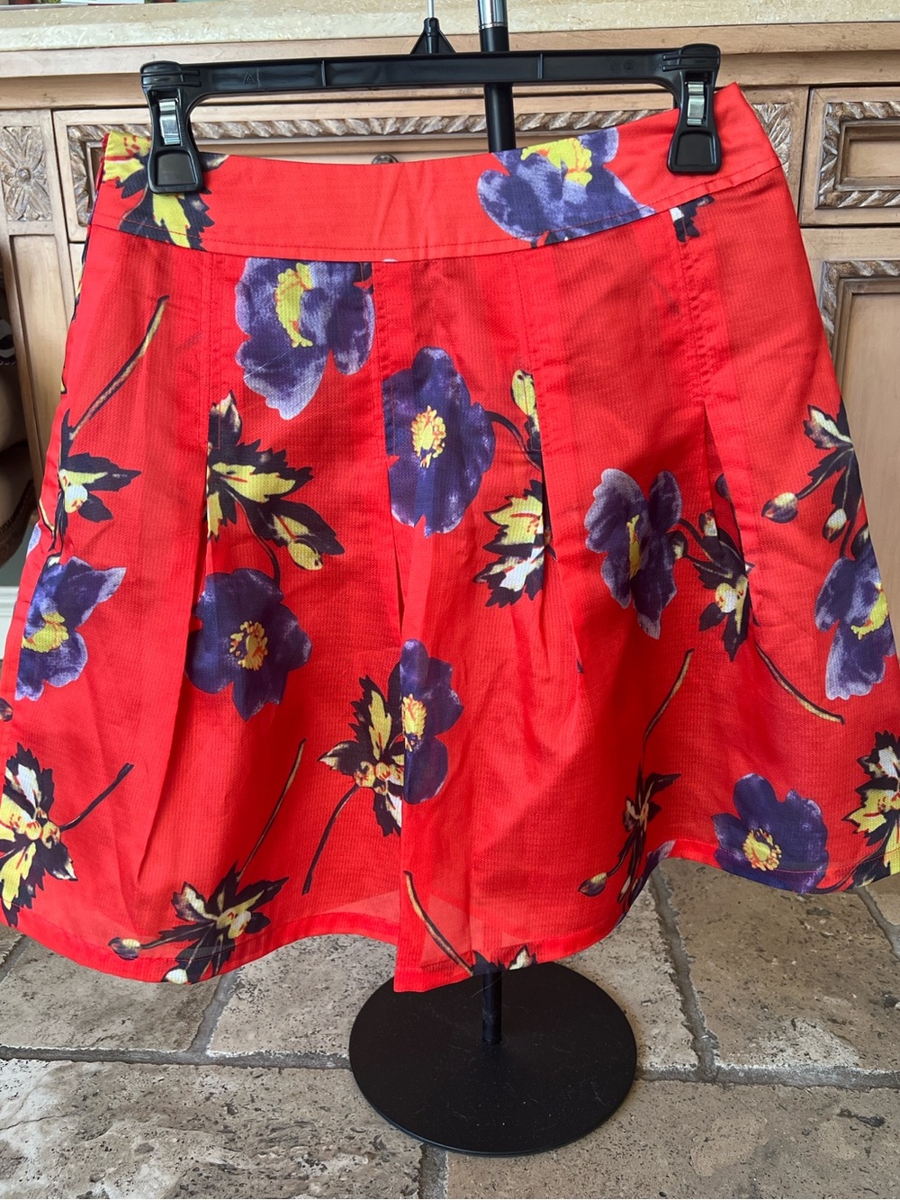 Floral A-Line Skirt in Red with Purple Blossoms